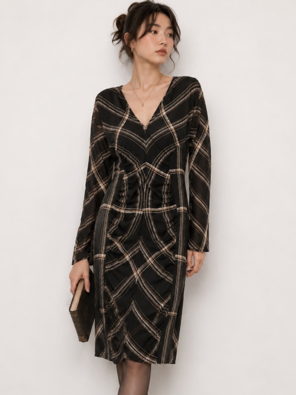 JUST Female Dress Cassio Black Brown Plaid Longsleeve Summer Midi Size Small NWT